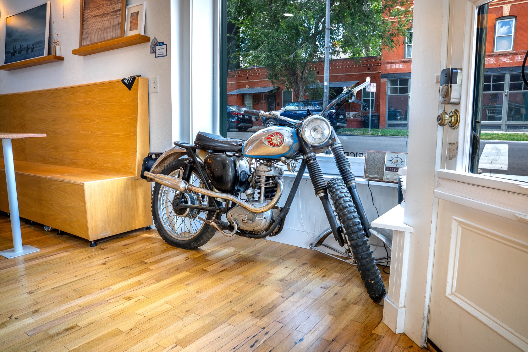 Vintage motorcycle inside the SageContent Denver studio