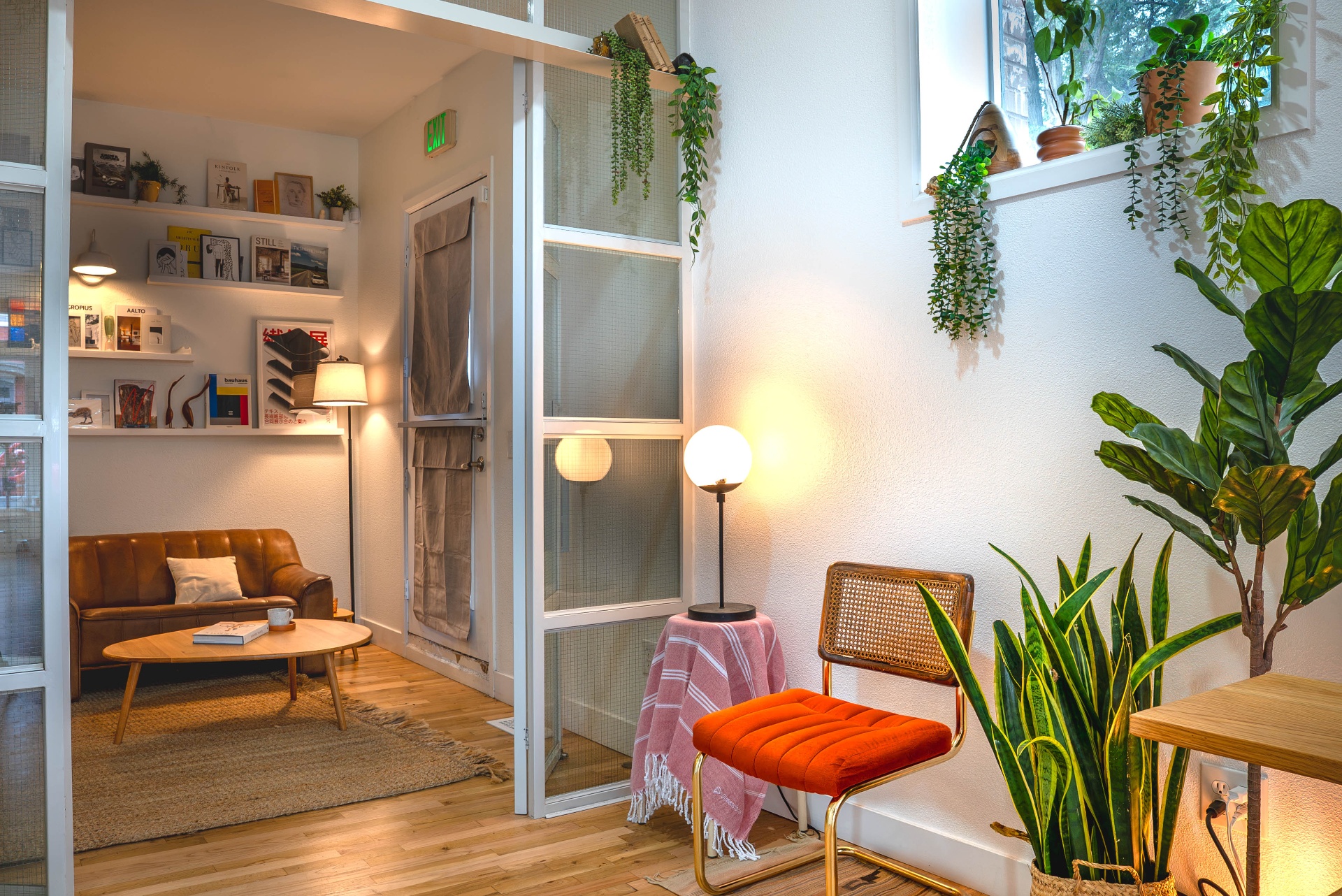 Studio reading nook with plants, books, and warm lighting